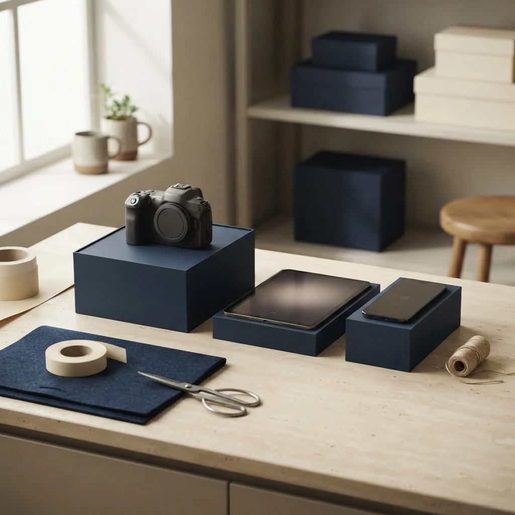 A mirrorless camera, tablet and phone resting on navy boxes at a packing table beside tape and scissors