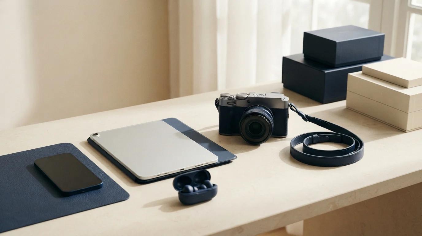 Open-box mirrorless camera, tablet, phone and earbuds laid out beside navy boxes on a wooden desk