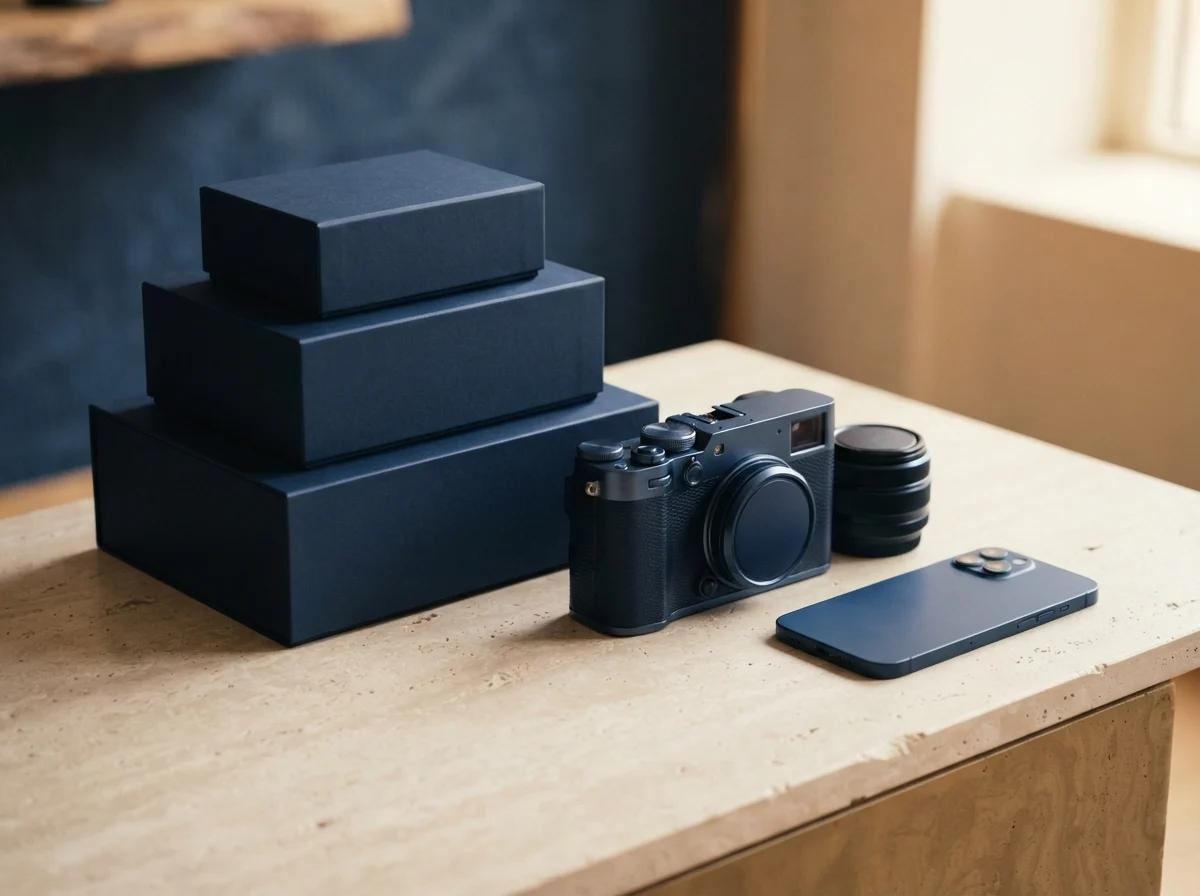 Stacked navy device boxes with a camera, lens and phone on a wooden table