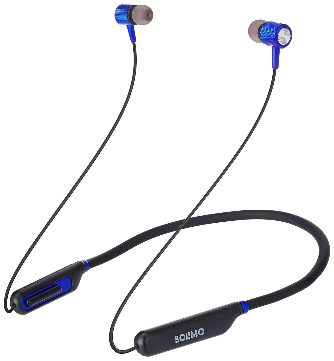 Solimo Wireless 5.0 Bluetooth Neckband Earphones Blue Black in use