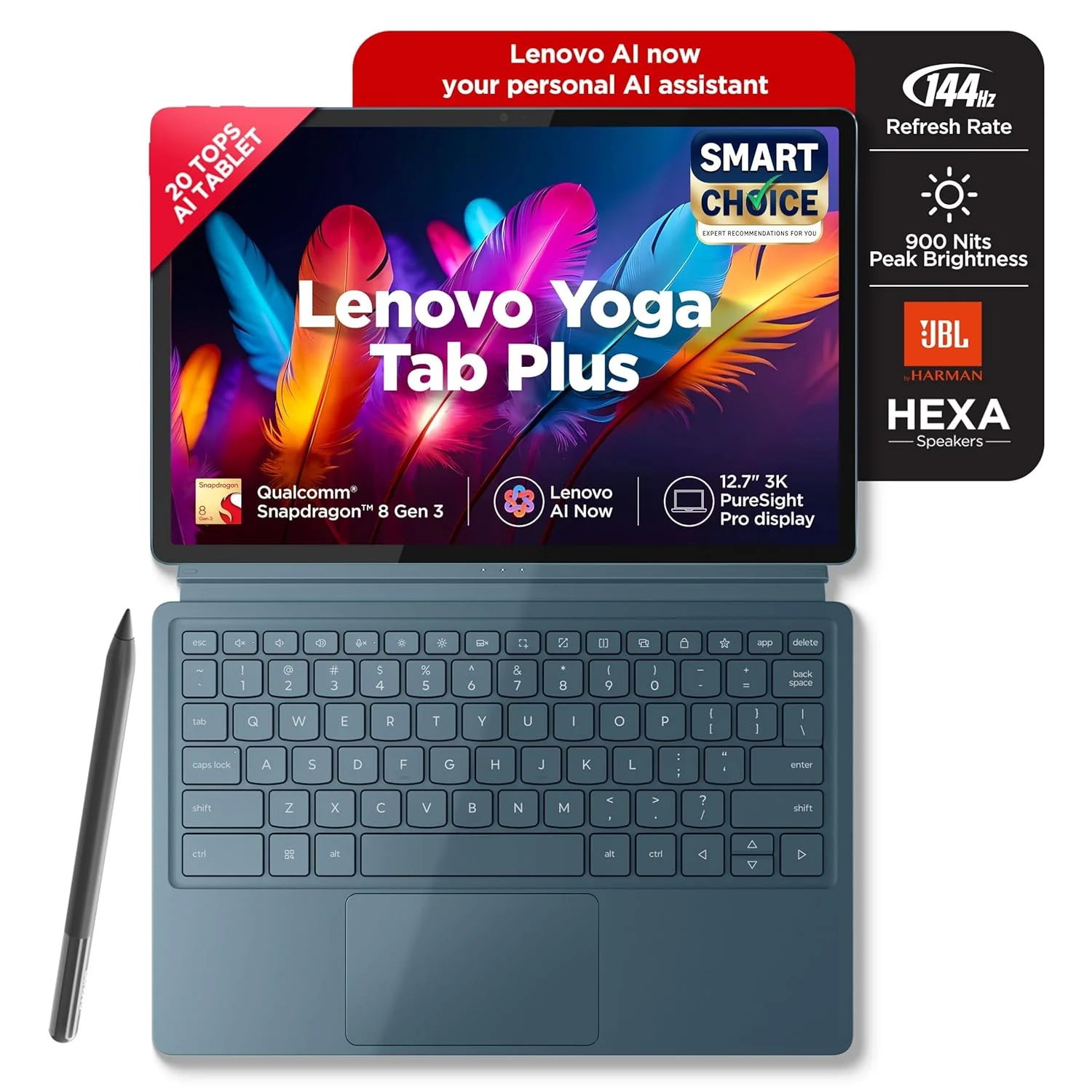 Lenovo Yoga Tab Plus Smartchoice AI Tablet with Pen + Keyboard, Teal in use